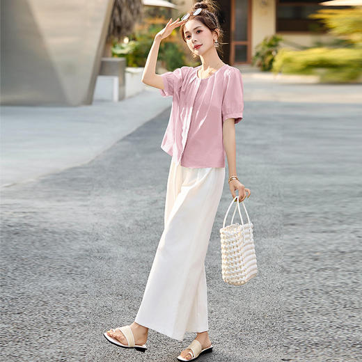 法式清新显瘦百搭圆领泡泡袖衬衫，高腰八分阔腿裤两件套HR-MUZL8027 商品图3
