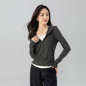 「高货sh」全新升级【铂金会员183/天猫249/差价66】(02350)洛诗琳韩版假两件连帽长袖打底衫2025秋季修身显瘦绵上衣
