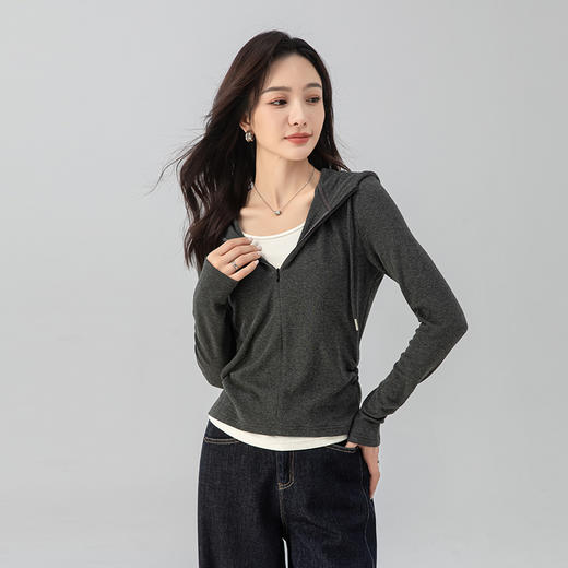 「高货sh」全新升级【铂金会员183/天猫249/差价66】(02350)洛诗琳韩版假两件连帽长袖打底衫2025秋季修身显瘦绵上衣 商品图0