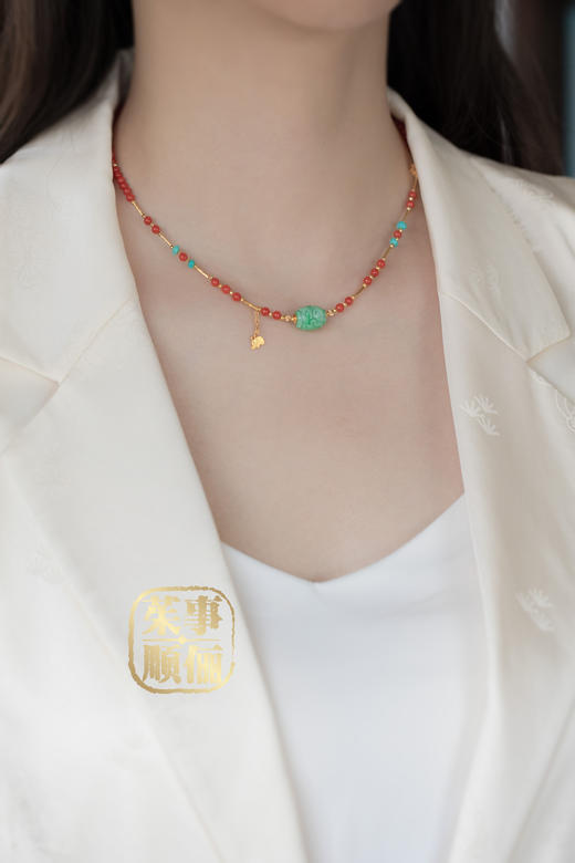 【茱事顺俪】18K黄金翡翠绿松红项链 商品图4