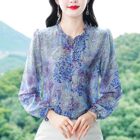 KQL369H99692025秋季新款长袖烫金印花桑蚕丝雪纺衬衫气质大码洋气女装