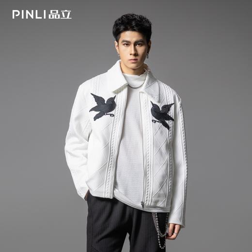 PINLI品立2025秋季新款可翻高领针织提花夹克男士贴布绣短款外套B253104018 商品图2