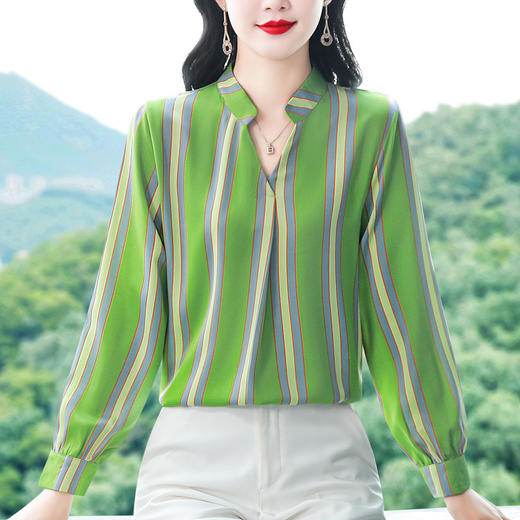 KQL369H9968气质时尚条纹衬衫女2025秋季新款通勤宽松立领长袖上衣 商品图0