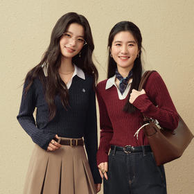 【严选】诗凡黎全羊毛绞花Polo领针织衫2025秋新款显瘦修身百搭时尚上衣女7G8332741