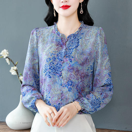 KQL369H99692025秋季新款长袖烫金印花桑蚕丝雪纺衬衫气质大码洋气女装 商品图3