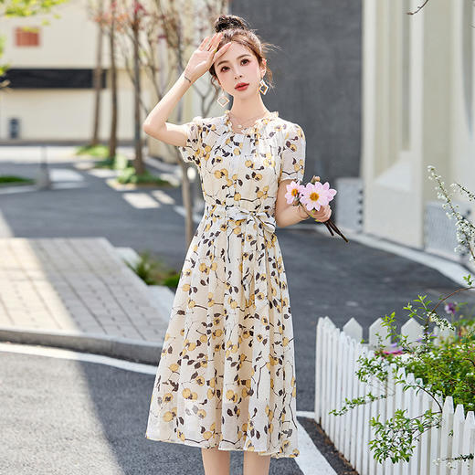 温柔风法式气质收腰短袖长裙，女神范印花显瘦连衣裙HR-6209 商品图3