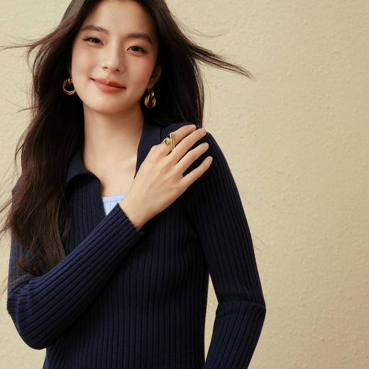 【严选】诗凡黎假两件撞色Polo坑条针织衫2025秋新款时尚百搭显瘦修身上衣7G8131031 商品图4