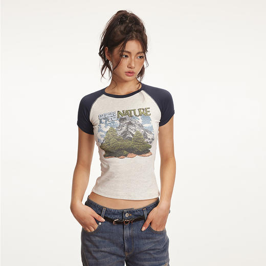 Ariseism 美式复古辣妹插肩修身短袖t恤女2025夏季新款紧身短上衣 商品图1