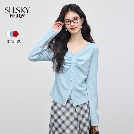 【08/12新品】熙世界收褶正肩V领长袖t恤女2025秋季新款设计感修身显瘦卡腰上衣 商品图0