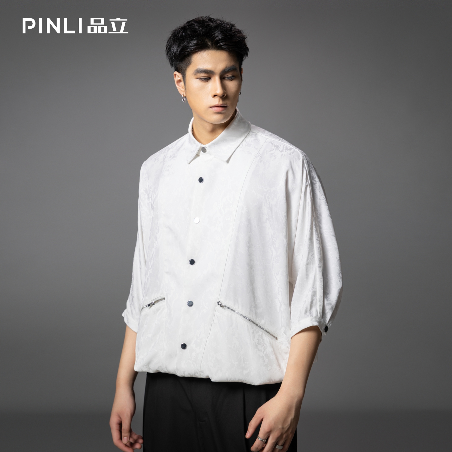 PINLI品立春季新款宽松五分袖衬衣提花蝙蝠袖潮牌男中袖衬衫B253113002
