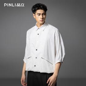 PINLI品立春季新款宽松五分袖衬衣提花蝙蝠袖潮牌男中袖衬衫B253113002