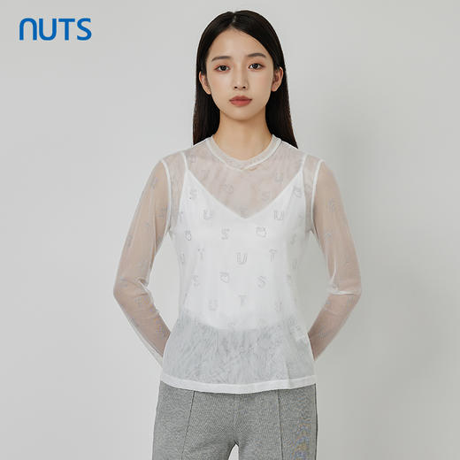 NUTS商场同款秋季白色气质设计感网纱透视长袖T恤女231023147B 商品图1