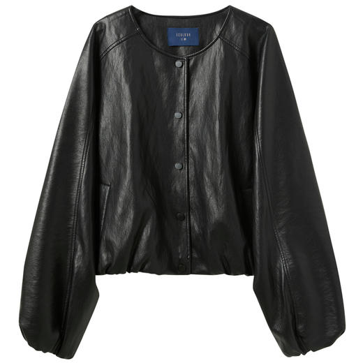 三彩2025秋季新款PU仿皮外套复古皮衣圆领宽松开衫简约M 商品图4