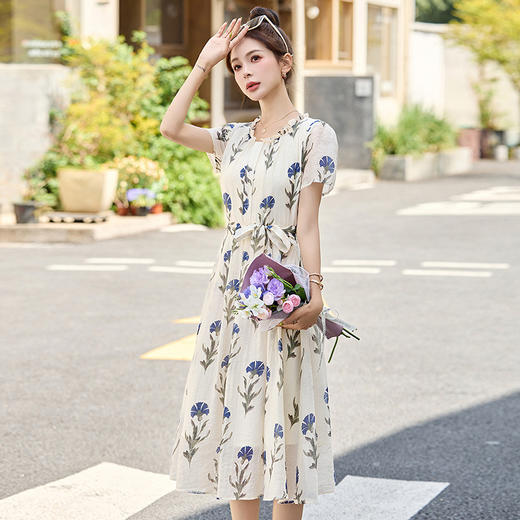 温柔风法式气质收腰短袖长裙，女神范印花显瘦连衣裙HR-6209 商品图1