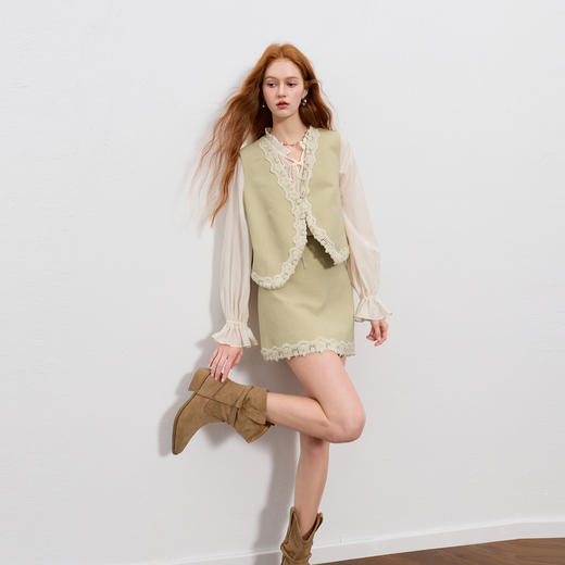 三彩2025秋季新款休闲套装无袖马甲上衣半身裙花边两件套M 商品图1