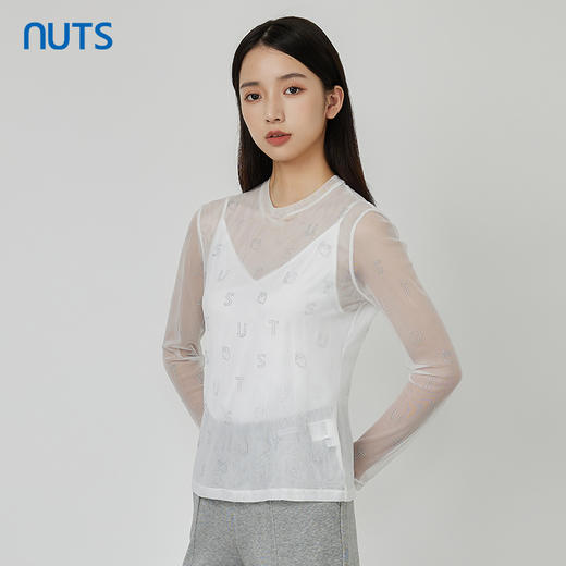 NUTS商场同款秋季白色气质设计感网纱透视长袖T恤女231023147B 商品图3