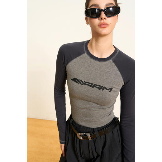 Ariseism 美式复古插肩紧身长袖t恤女2025秋季打底衫修身内搭上衣 商品图1