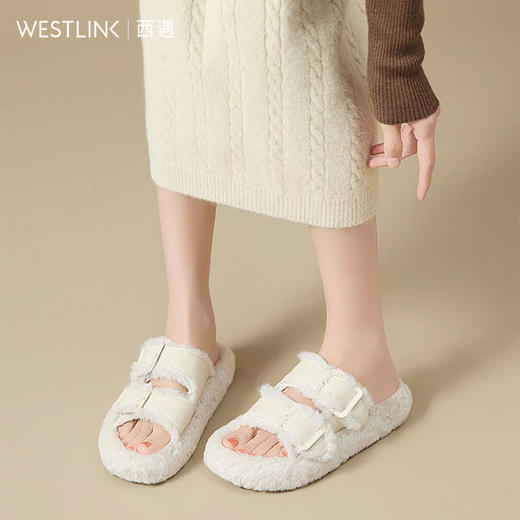 西遇厚底毛毛鞋女新款秋冬网红外穿高级感毛茸茸一字拖鞋棉鞋20034293 商品图2