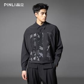 PINLI品立春季新款拼接刺绣长袖衬衫男潮牌宽松休闲百搭衬衣B253113006