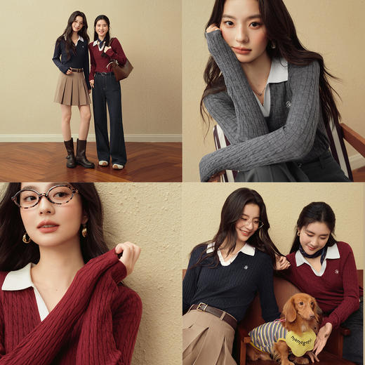 【严选】诗凡黎全羊毛绞花Polo领针织衫2025秋新款显瘦修身百搭时尚上衣女7G8332741 商品图4