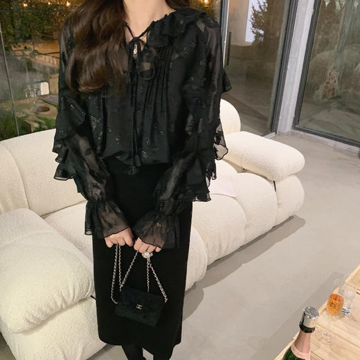 金蘑菇菇【清冷画报 黑花组】上衣/连衣裙！真丝质感烧花！ 商品图2