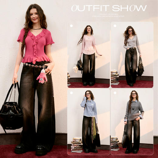 【100棉】三彩独醒2025秋季新款长裤牛仔裤宽松高腰阔腿裤复古F 商品图3