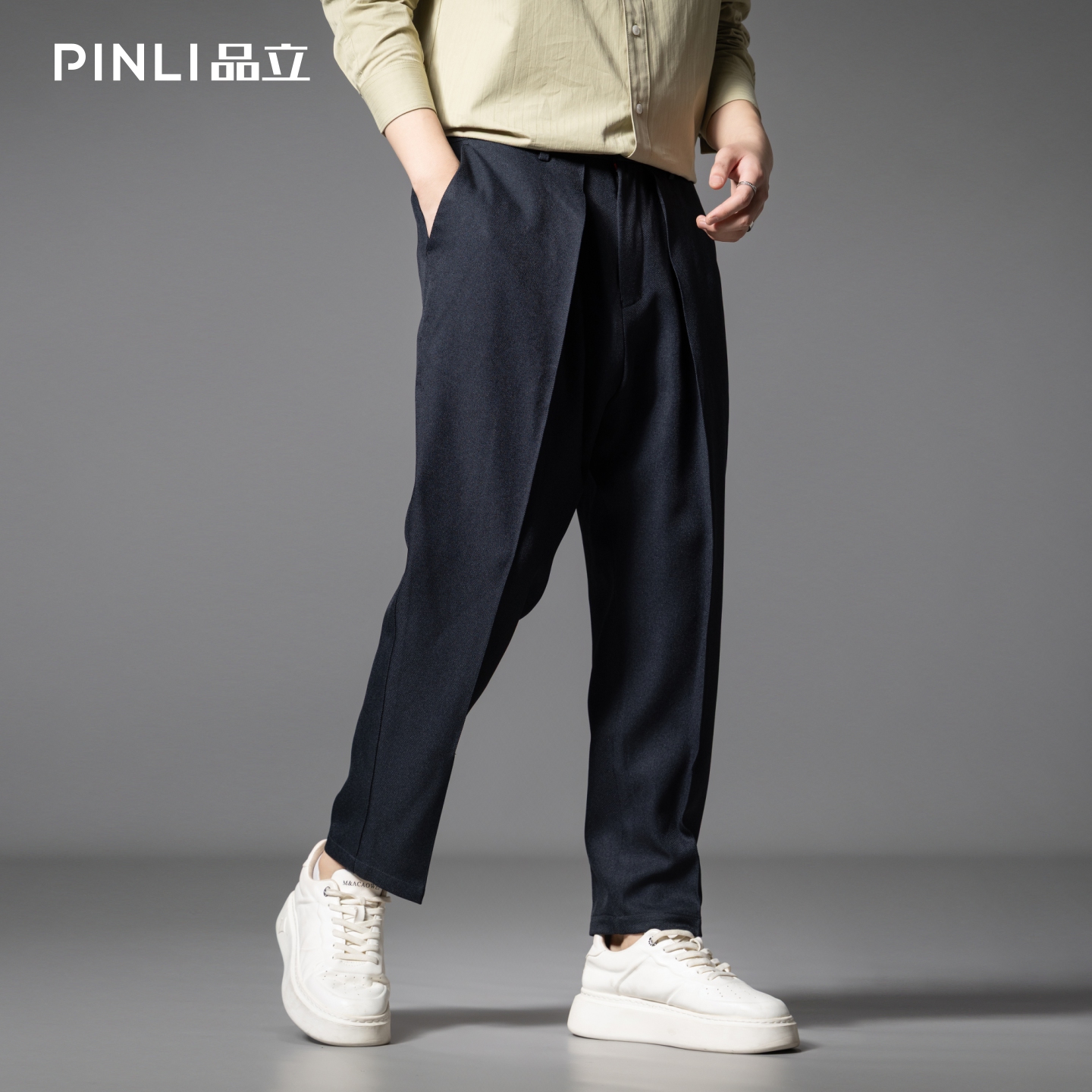 PINLI品立春季新款通勤暗纹捏褶休闲裤男士潮牌百搭简约长裤B253117034