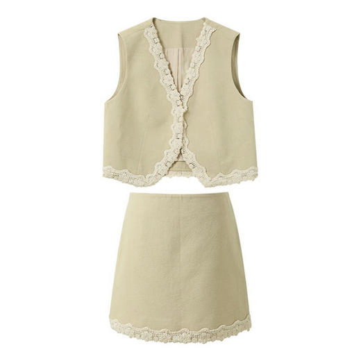 三彩2025秋季新款休闲套装无袖马甲上衣半身裙花边两件套M 商品图4