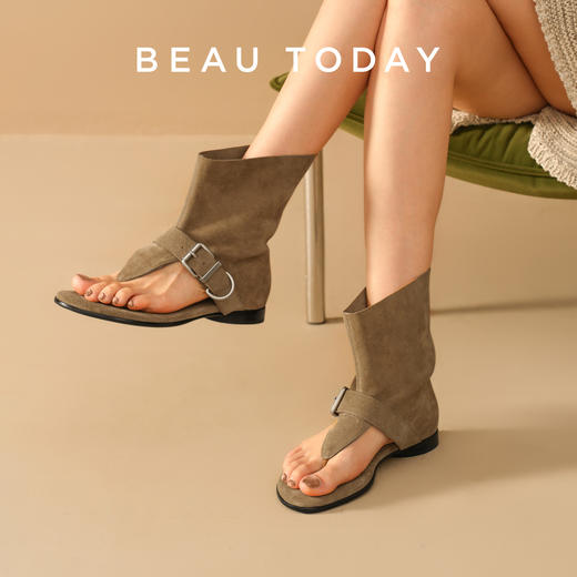 BeauToday 平底罗马凉鞋女款夏季BT真皮夹趾套筒凉靴外穿 商品图2