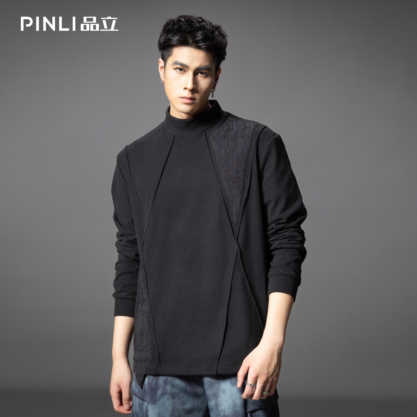 PINLI品立春季新款半高领宽松长袖T恤男潮牌分割设计休闲上衣B253111022