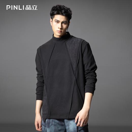 PINLI品立春季新款半高领宽松长袖T恤男潮牌分割设计休闲上衣B253111022 商品图0