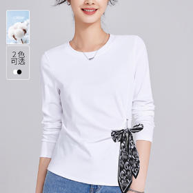 「自j」全新升级【铂金会员109/天猫149/差价40】(75105)洛诗琳高级感正肩长袖t恤2025秋季新款丝巾绑带打底上衣女