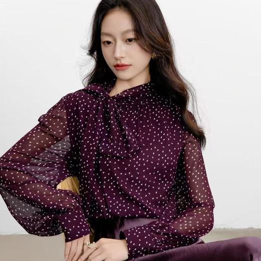 「自」全新升级【铂金会员146/天猫199/差价53】(35008)洛诗琳法式波点长袖衬衫2025秋季通勤百搭系带雪纺上衣女 商品图3