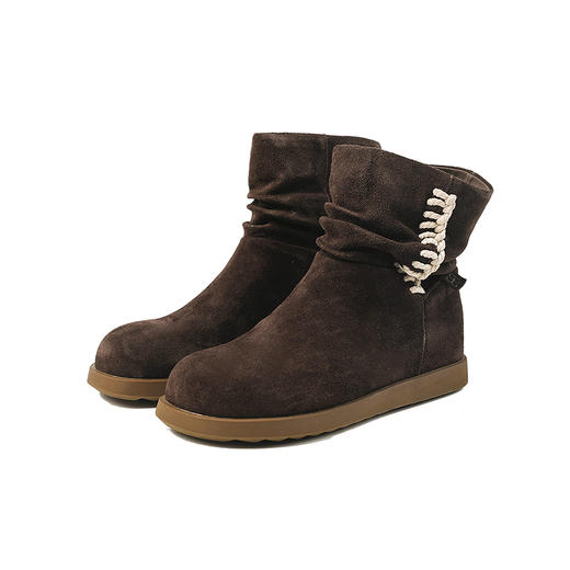 伊伴冬季复古牛绒鞋面编织花边设计女时尚休闲鞋B25552708 商品图5