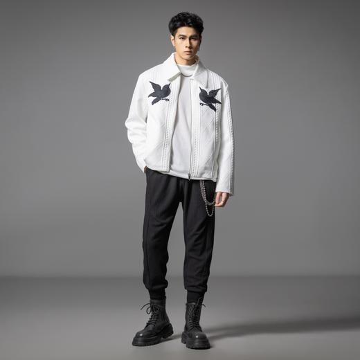 PINLI品立2025秋季新款可翻高领针织提花夹克男士贴布绣短款外套B253104018 商品图4