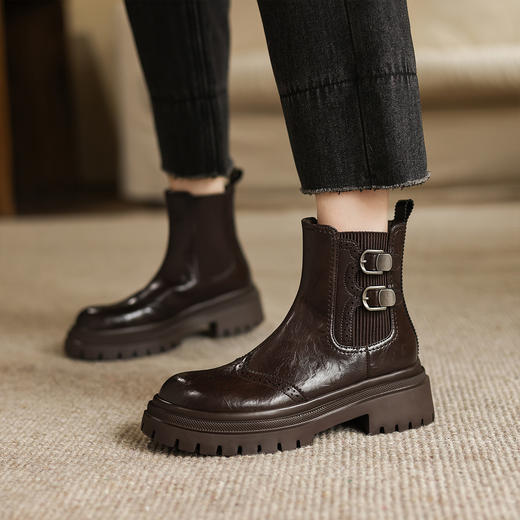 阿么手工女鞋牛皮厚底烟筒靴2025新款皮带扣复古风切尔西短靴5CM 商品图2