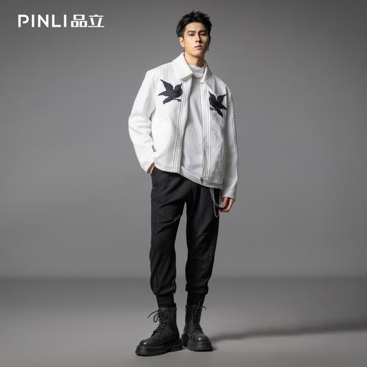 PINLI品立2025秋季新款可翻高领针织提花夹克男士贴布绣短款外套B253104018 商品图1