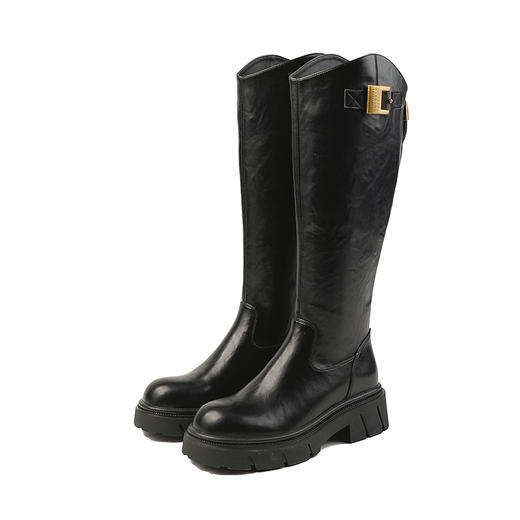 伊伴冬季质感金扣骑士靴经典百搭深色女鞋B25585703 商品图5