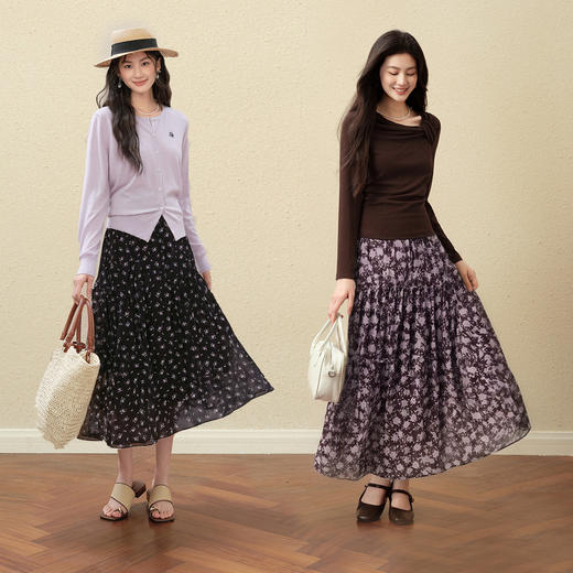 【严选】诗凡黎复古色系碎花半身裙2025秋新款木耳边飘逸显瘦淑女风中长裙7G8140611 商品图1