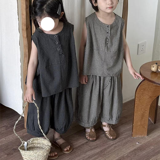 裁缝学苑TQ172儿童森系格子半开无袖背心纸样休闲灯笼裤套装裁剪图 商品图4