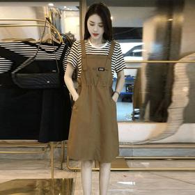 2025新款背带裙大码女装时尚休闲条纹裙子女夏季小个子中长连衣裙