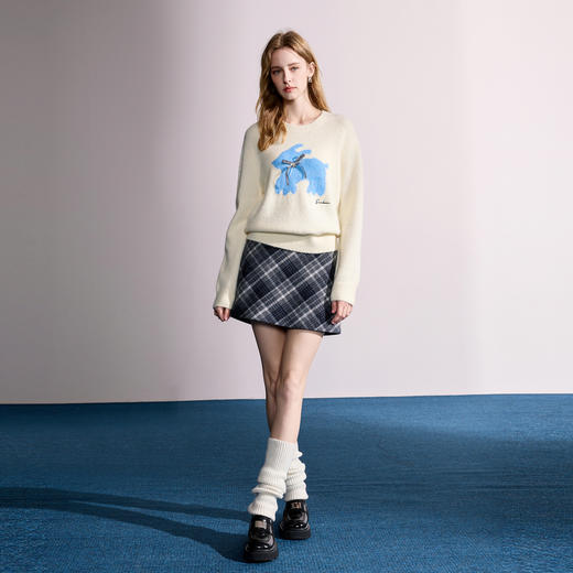 三彩2025秋季新款圆领长袖针织衫蝴蝶结绣花毛衫套头上衣M 商品图2