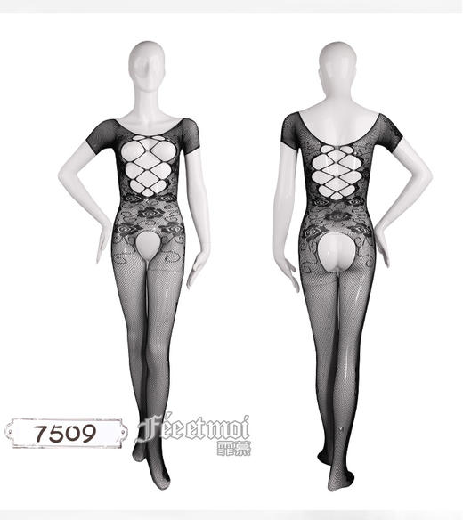 霏慕 性感镂空提花开裆连身网袜7509 商品图3