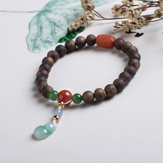 xy0525沉香+南红回纹珠翡翠葫芦手串 商品图2