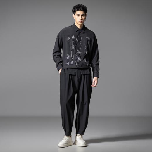 PINLI品立春季新款拼接刺绣长袖衬衫男潮牌宽松休闲百搭衬衣B253113006 商品图4