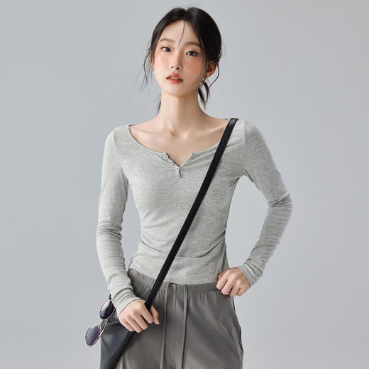 跃牌【禅语梵心】V领修身亨利衫瑜伽服长袖普拉提跑步运动上衣女显腰收腹健身T恤CX5567 商品图3