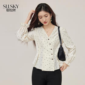 【08/12新品】熙世界法式复古V领波点衬衫女2025初秋新款长袖修身压褶收腰上衣