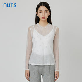 NUTS商场同款秋季白色气质设计感网纱透视长袖T恤女231023147B