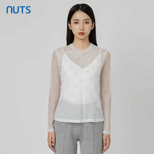 NUTS商场同款秋季白色气质设计感网纱透视长袖T恤女231023147B 商品图0