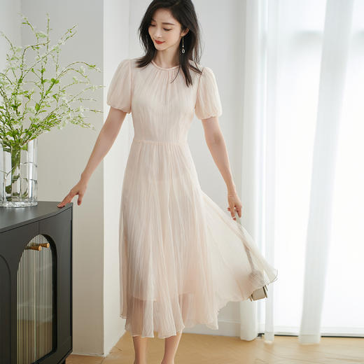 米思阳2025夏季新款优雅气质短袖连衣裙时尚褶皱泡泡袖仙女裙1643 商品图1